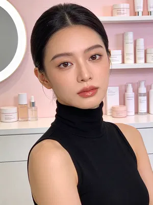 East Asian woman beauty creator headshot with studio ring-light glow