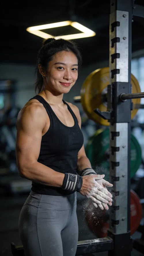 East Asian woman bodybuilder chalking hands by squat rack