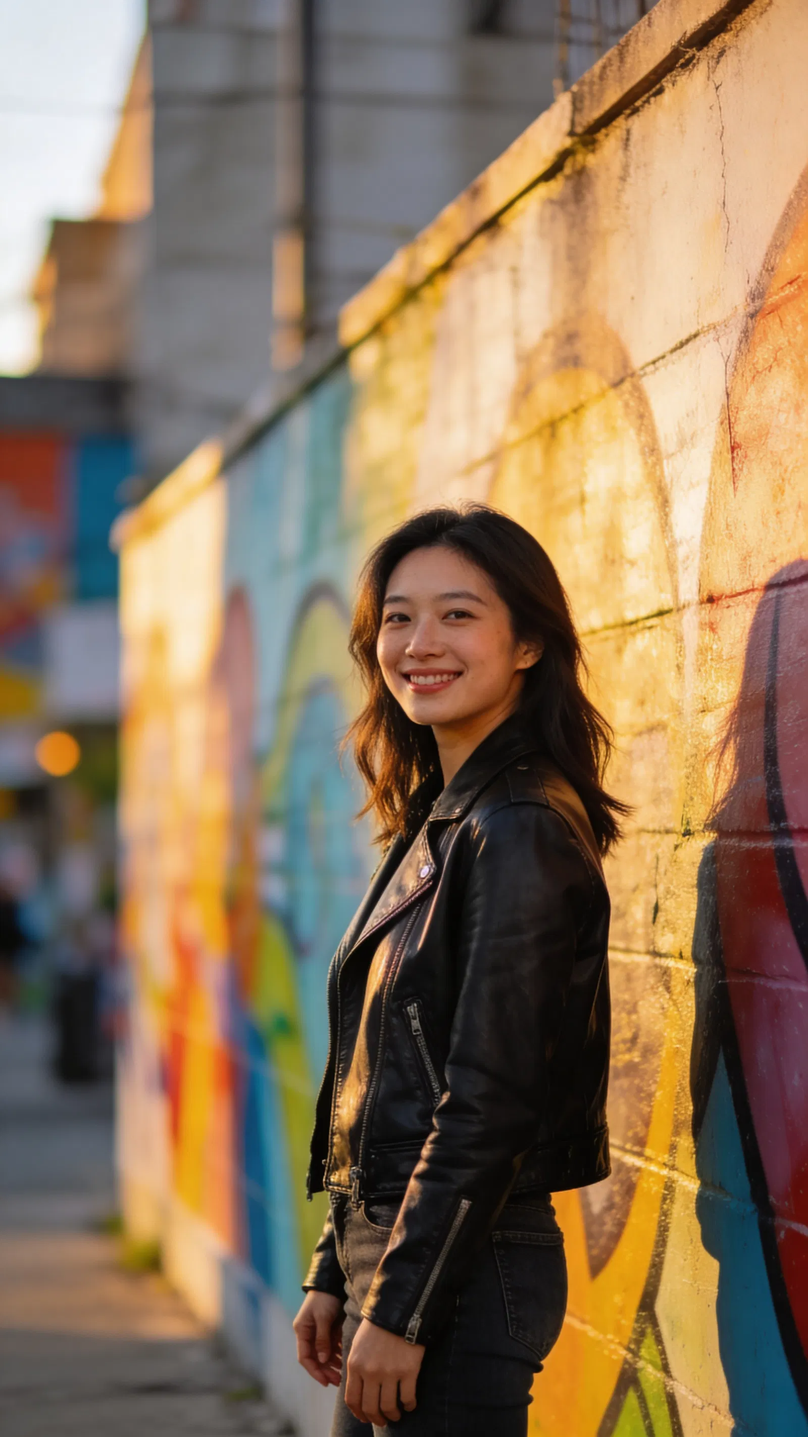 East Asian woman by colorful mural at sunset, confident dating profile portrait.