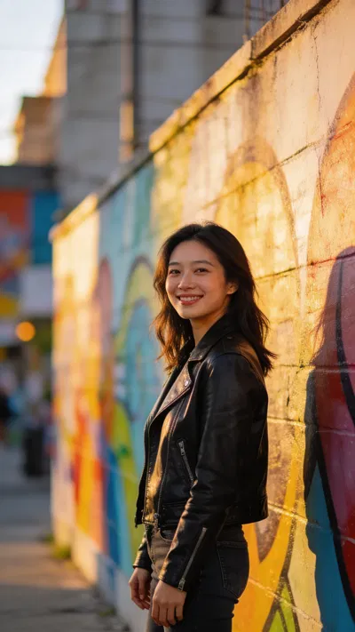 East Asian woman by colorful mural at sunset, confident dating profile portrait.