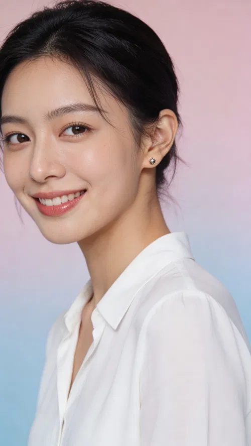 East Asian woman close-up beauty headshot with pastel background