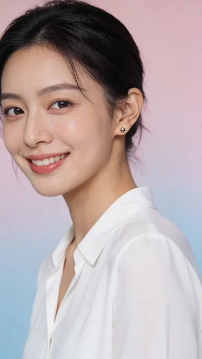 East Asian woman close-up beauty headshot with pastel background