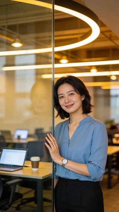 East Asian woman coworking space portrait with professional smile and balanced lighting