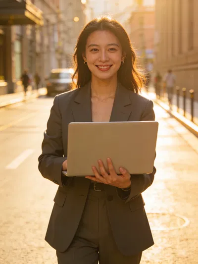 East Asian woman creator outdoor golden hour portrait for personal brand photos