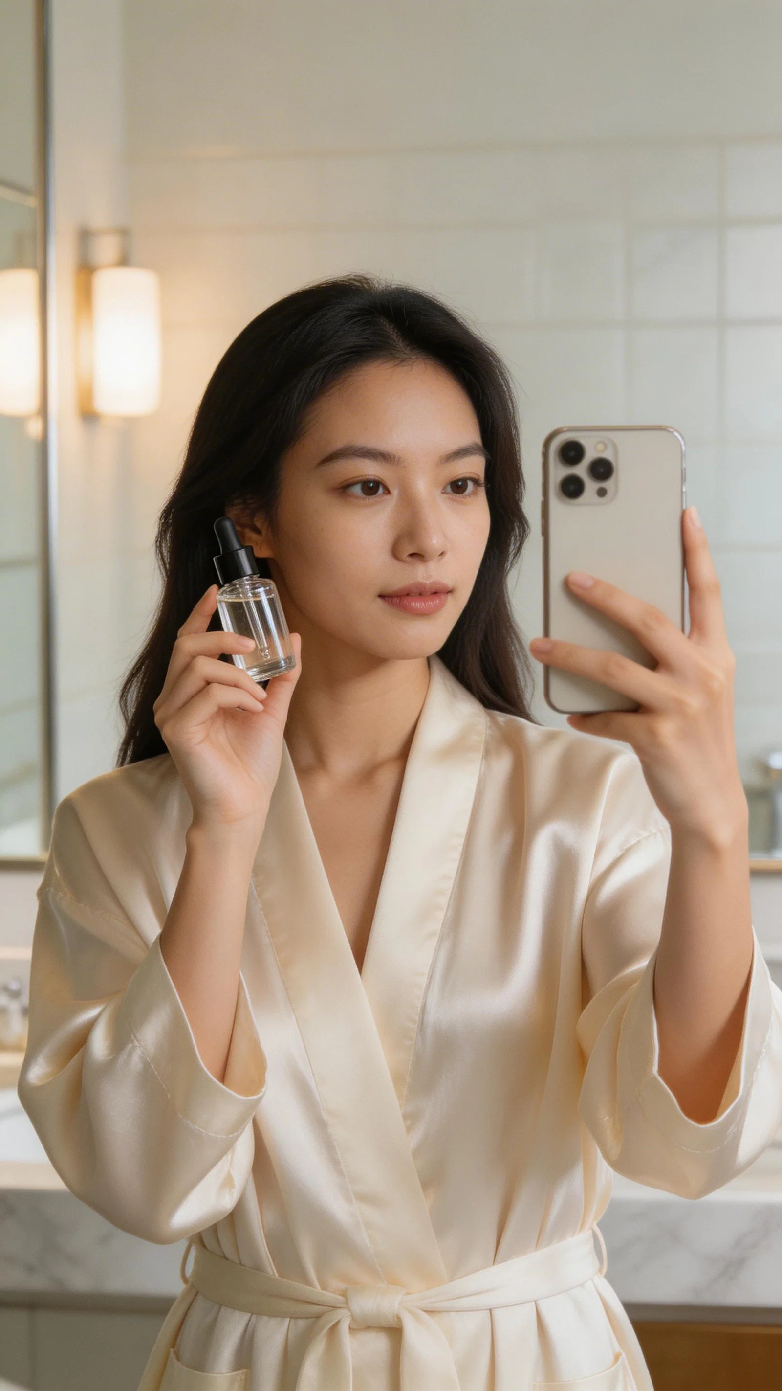 East Asian woman filming skincare routine in bathroom mirror lighting