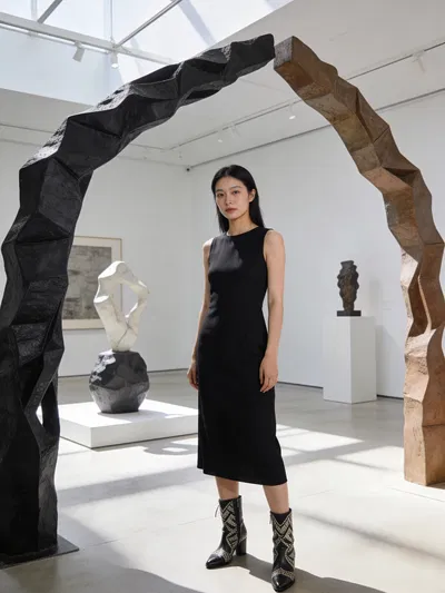 East Asian woman full-body art gallery fashion editorial photo