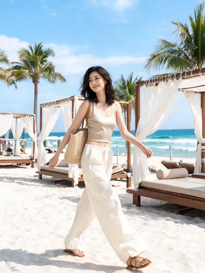 East Asian woman full-body beach club portrait in Dubai, resort influencer vibe