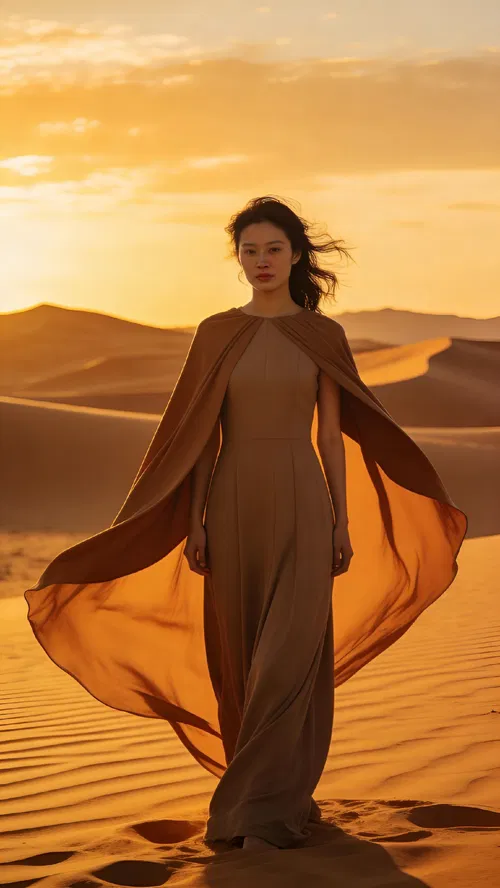 East Asian woman full-body desert dusk fashion editorial portrait