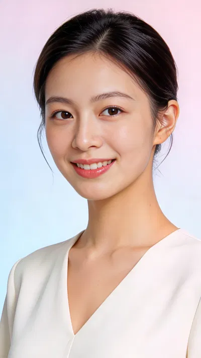 East Asian woman headshot on pastel background, friendly confident smile