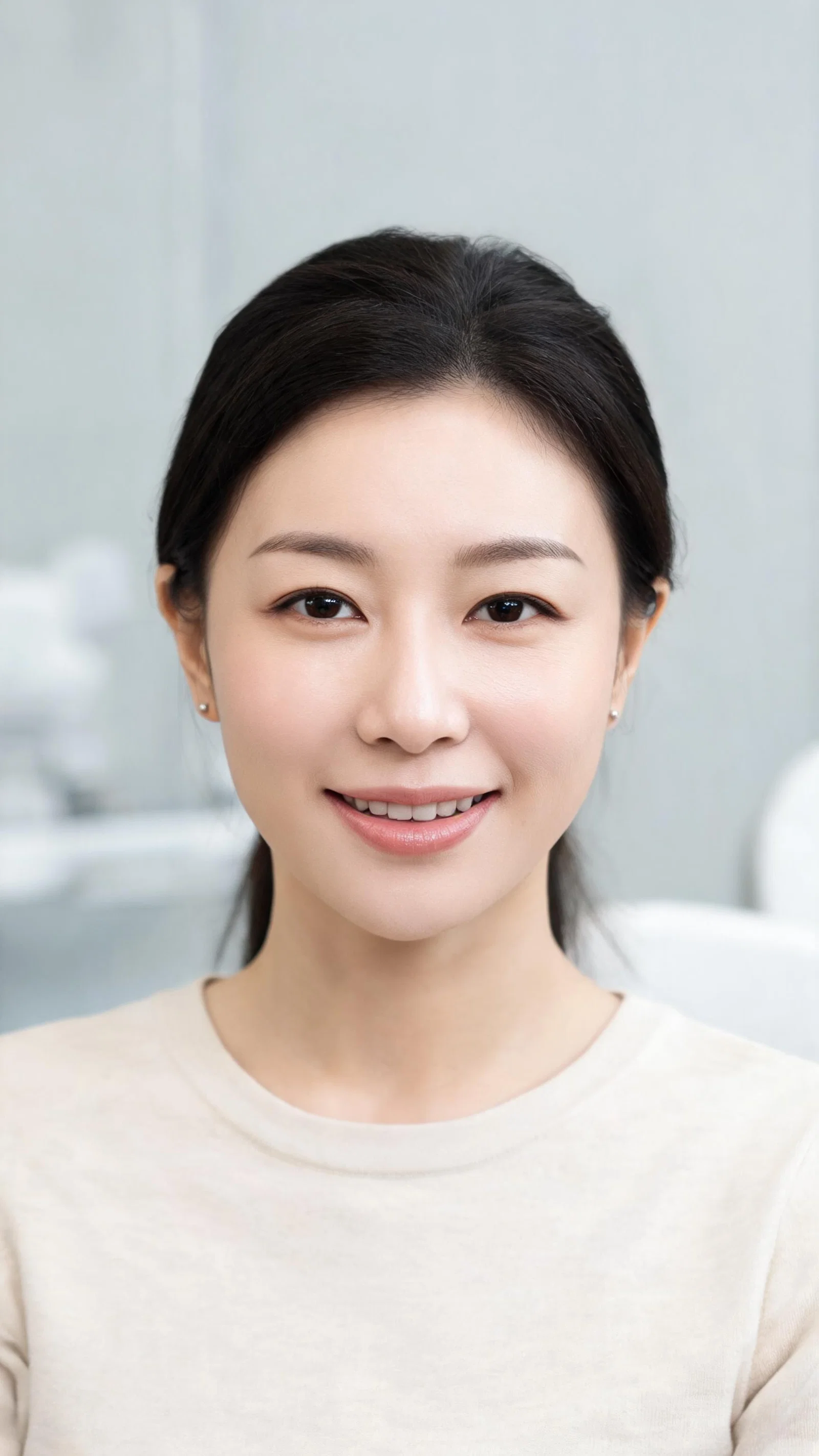 East Asian woman headshot with healthy skin in skincare setting, glow-up looksmaxxing vibe