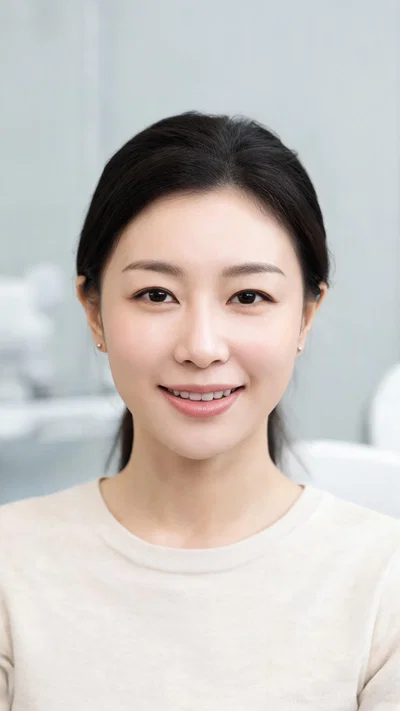 East Asian woman headshot with healthy skin in skincare setting, glow-up looksmaxxing vibe