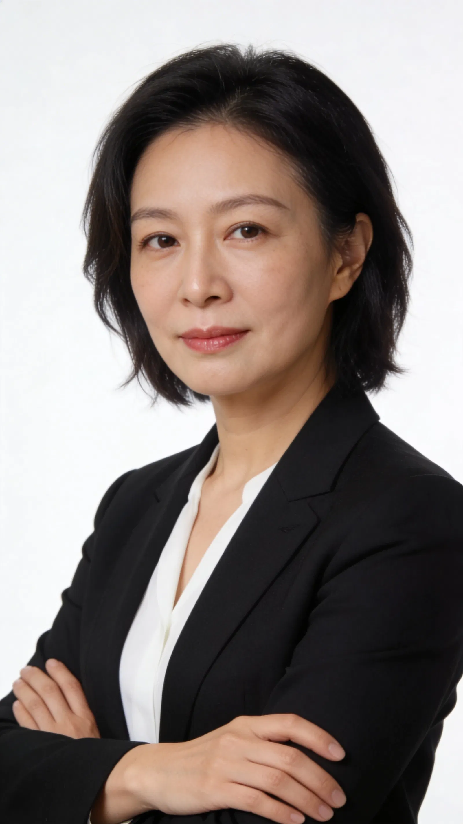 East Asian woman in black blazer on white studio background corporate portrait