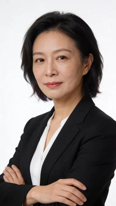 East Asian woman in black blazer on white studio background corporate portrait