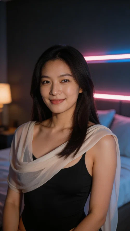 East Asian woman in bodysuit with sheer wrap, neon bedroom half-body portrait