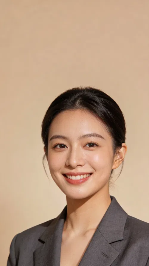 East Asian woman in charcoal blazer on beige studio background headshot