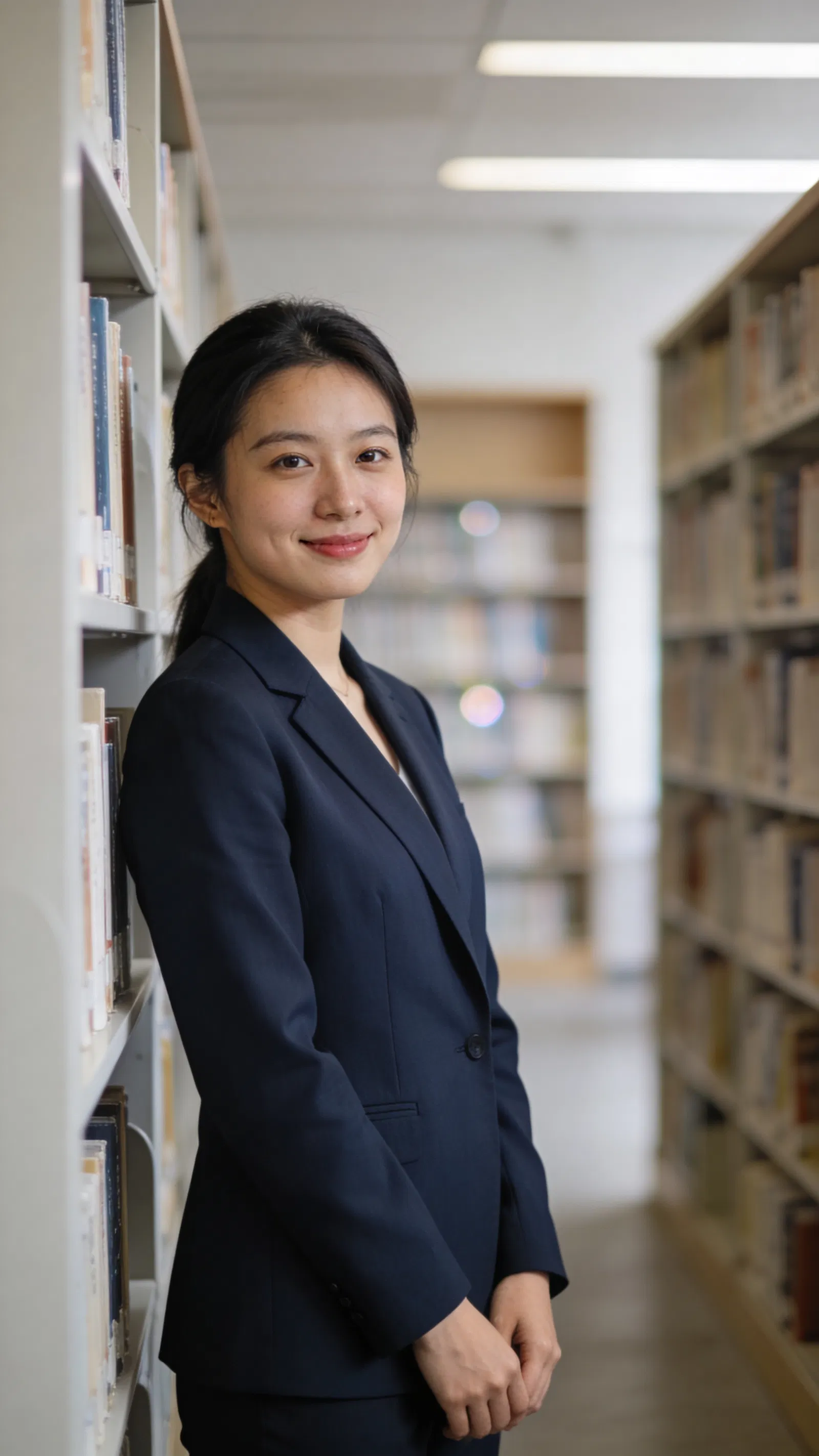 East Asian woman in corridor with clean professional CV photo look
