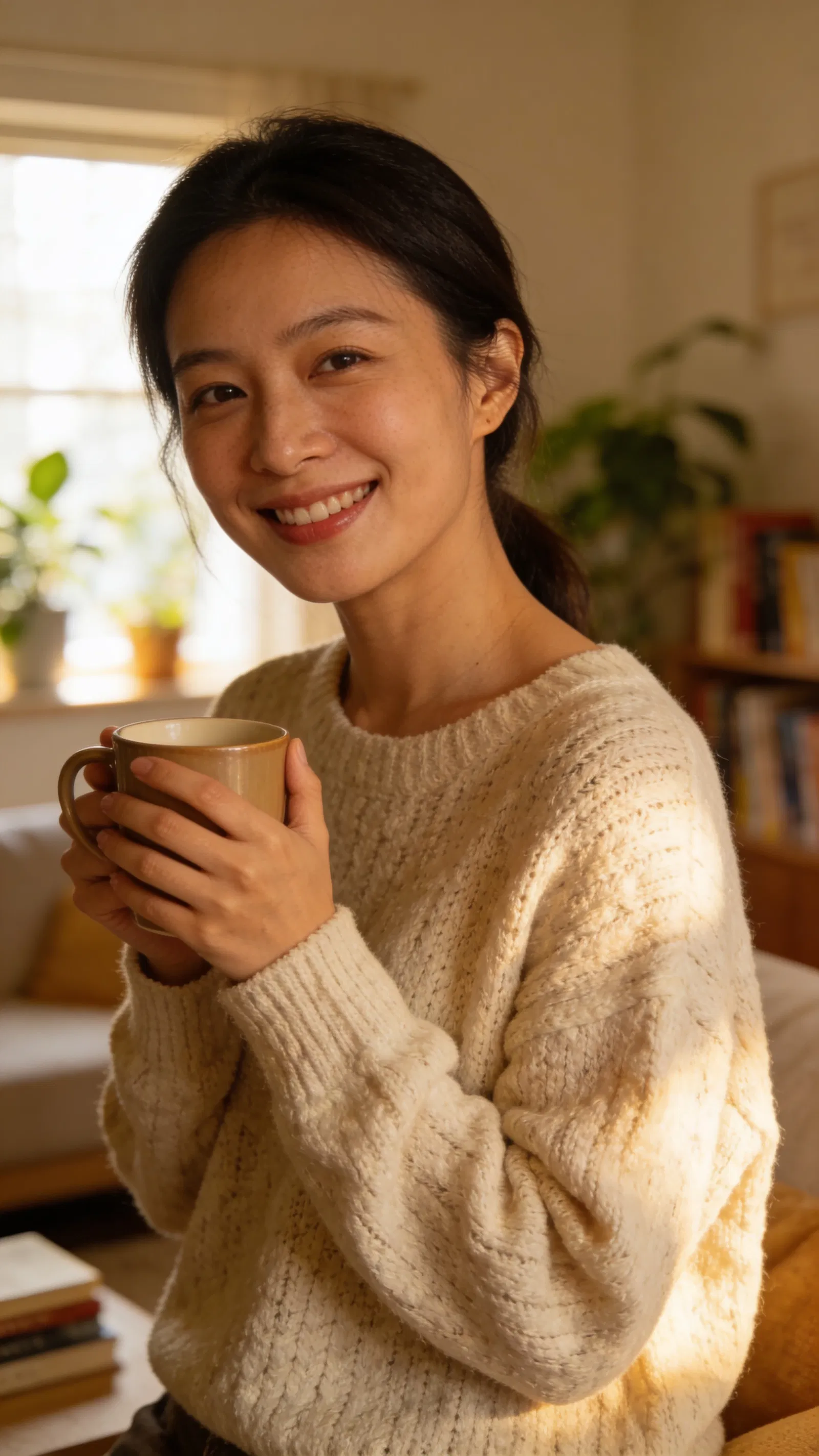 East Asian woman in cozy living room with mug, warm dating app photo.