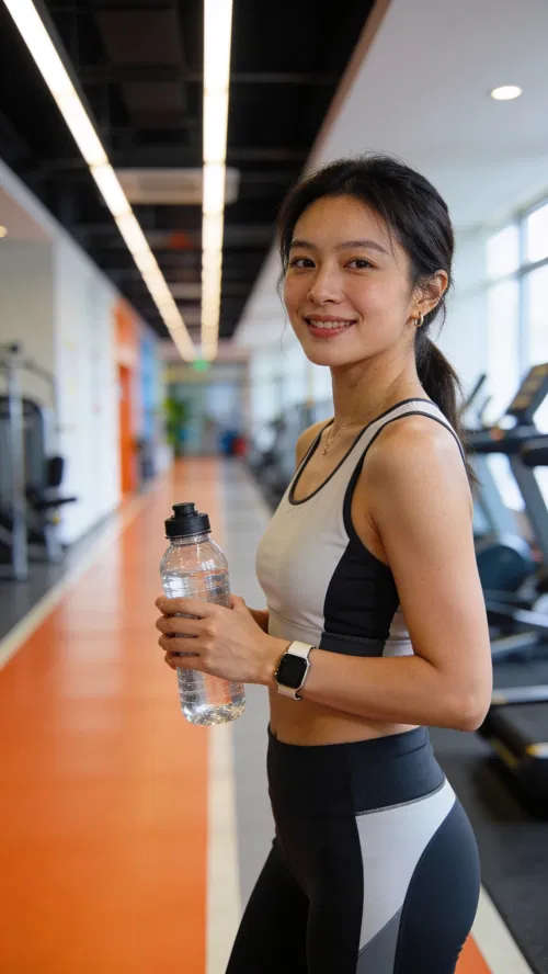 East Asian woman in gym hallway, confident fitness creator portrait for Reels thumbnails