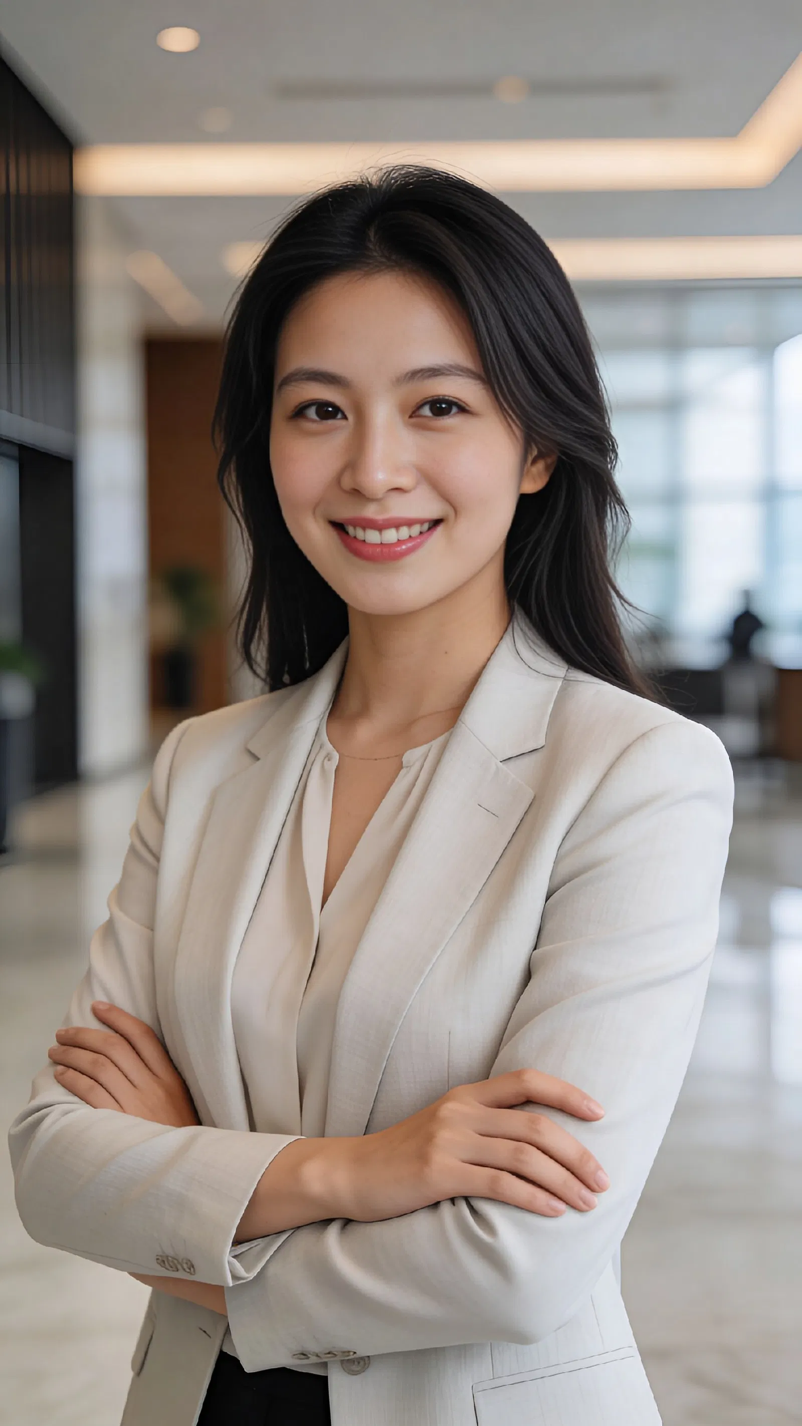 East Asian woman in office lobby with arms crossed, confident smile
