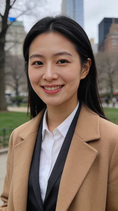 East Asian woman in park, clean head-and-shoulders professional portrait