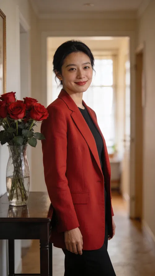 East Asian woman in red blazer indoors with roses, warm romantic lighting.