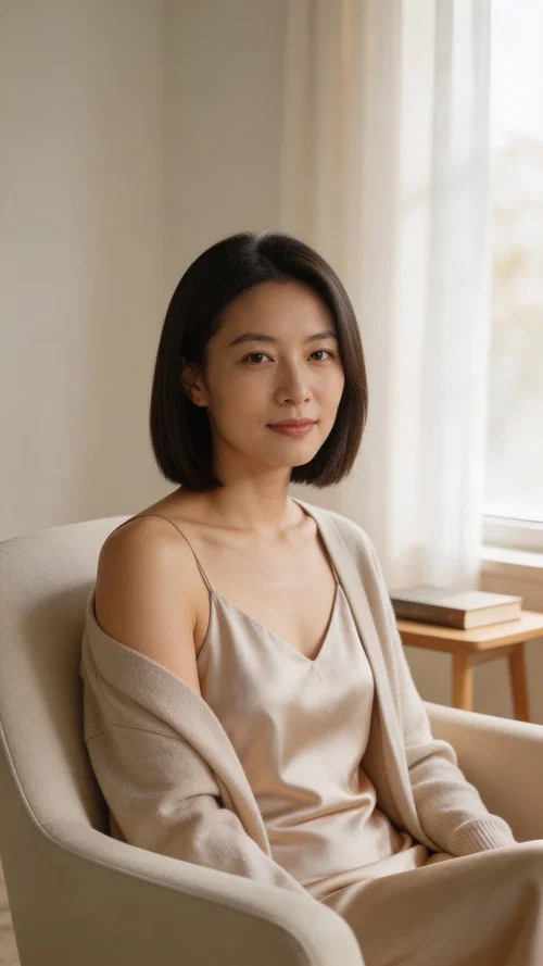 East Asian woman in satin slip in reading nook, calm editorial portrait