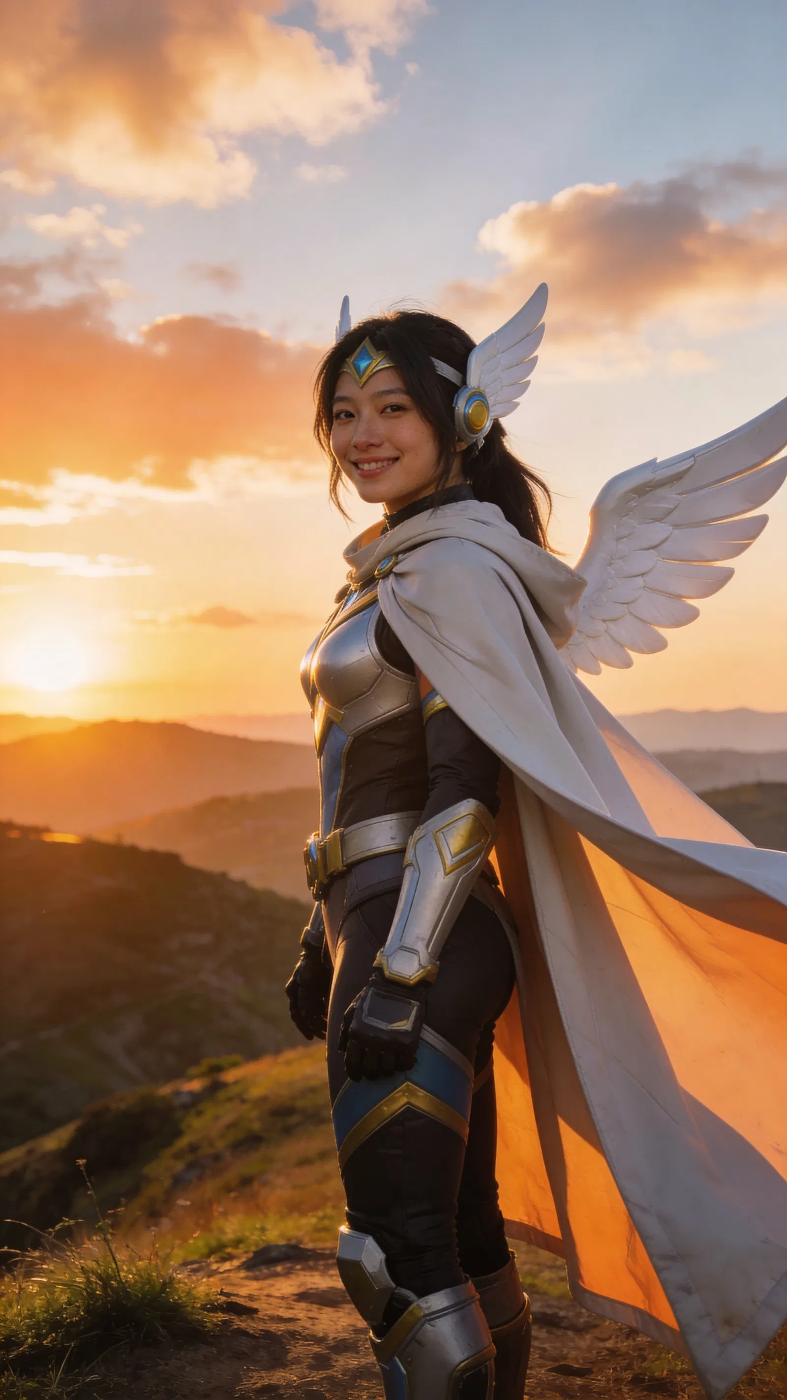 East Asian woman in sky guardian cosplay, sunset hilltop three-quarter portrait