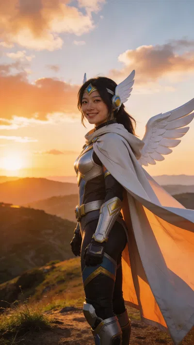 East Asian woman in sky guardian cosplay, sunset hilltop three-quarter portrait