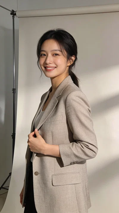 East Asian woman in studio adjusting blazer for photos for Instagram