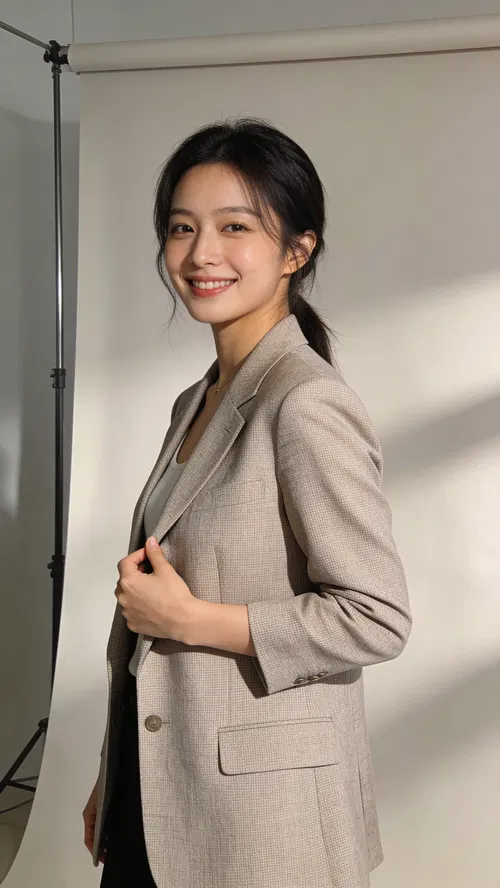 East Asian woman in studio adjusting blazer for photos for Instagram