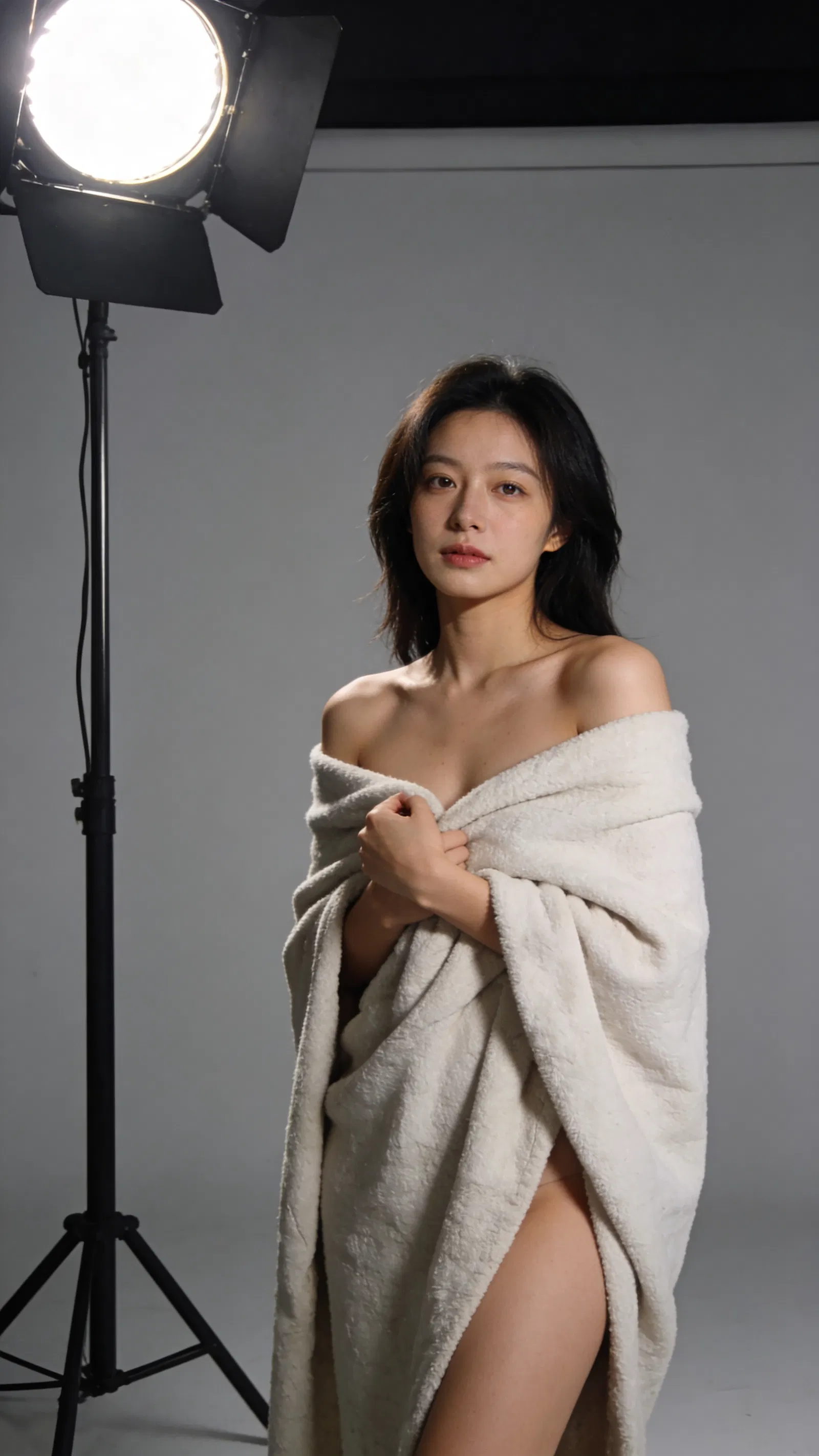 East Asian woman in studio with blanket drape, modern tasteful boudoir portrait