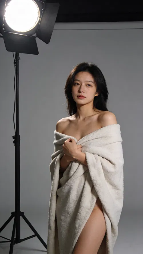 East Asian woman in studio with blanket drape, modern tasteful boudoir portrait