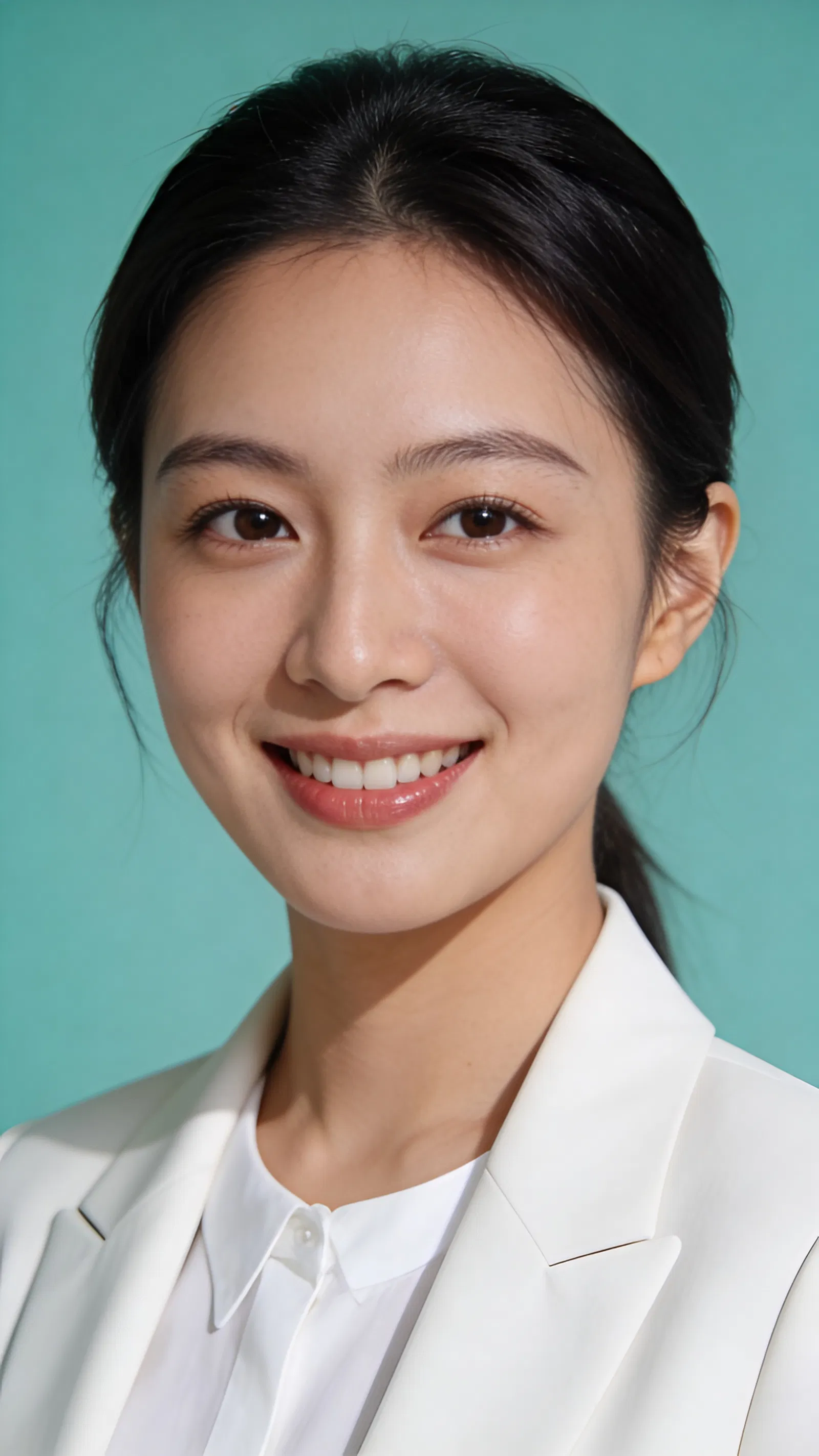 East Asian woman in studio with teal backdrop for clean LinkedIn headshot