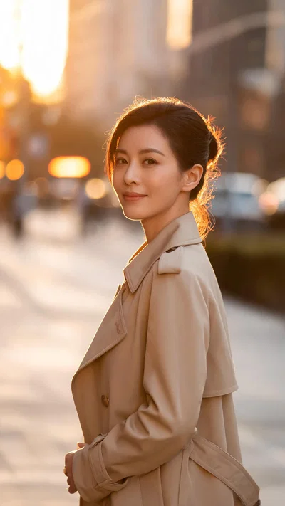 East Asian woman in trench coat at golden hour, calm confident style looksmaxxing portrait