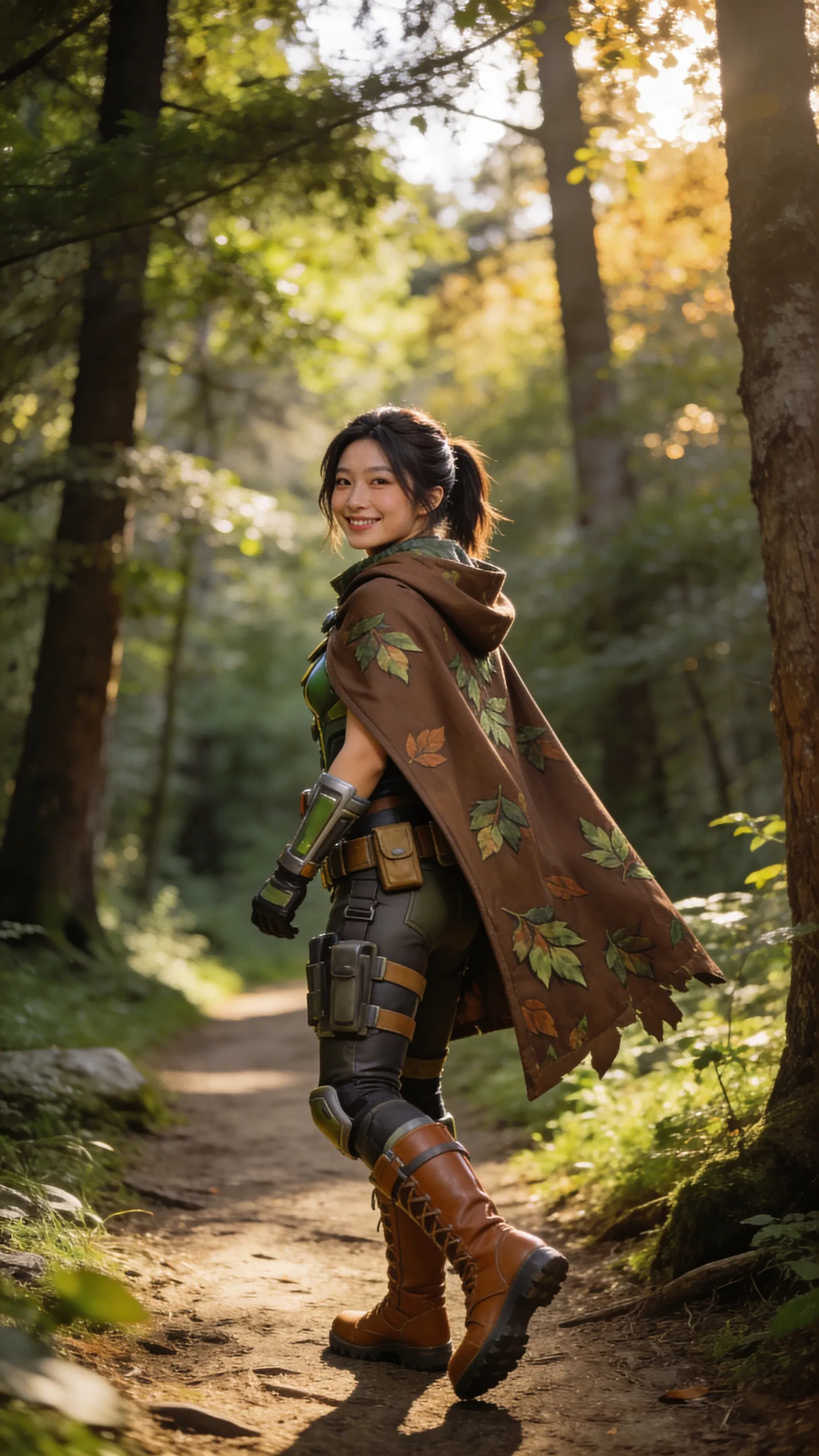 East Asian woman in woodland scout cosplay, full-body forest portrait