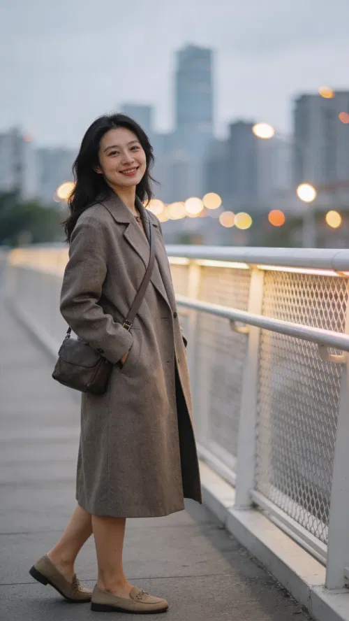 East Asian woman on bridge with skyline, confident travel lifestyle portrait.