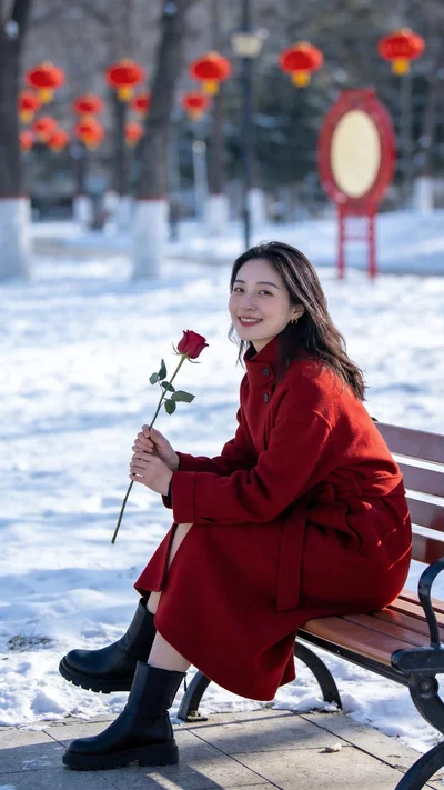 East Asian woman on park bench holding a rose in winter daylight.