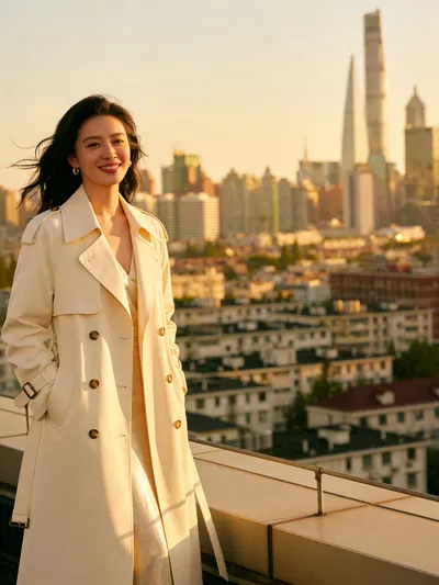 East Asian woman on rooftop at golden hour in elegant glamour portrait