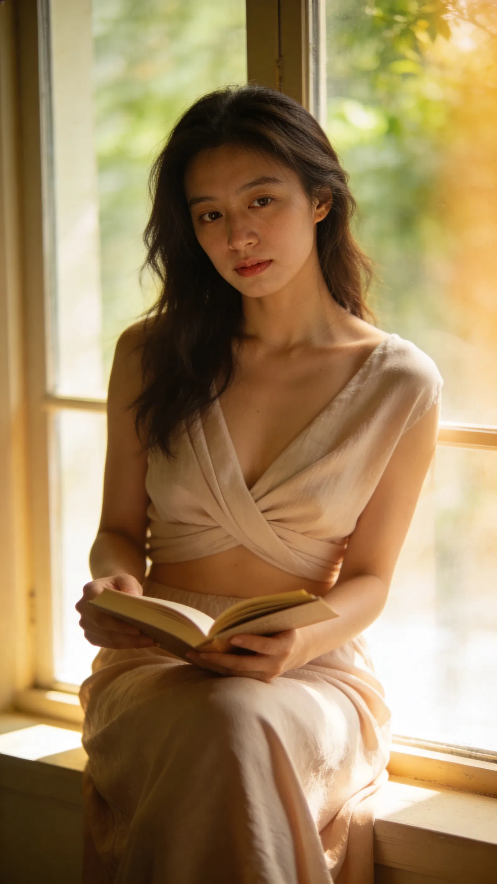 East Asian woman on windowsill reading, calm classy boudoir portrait