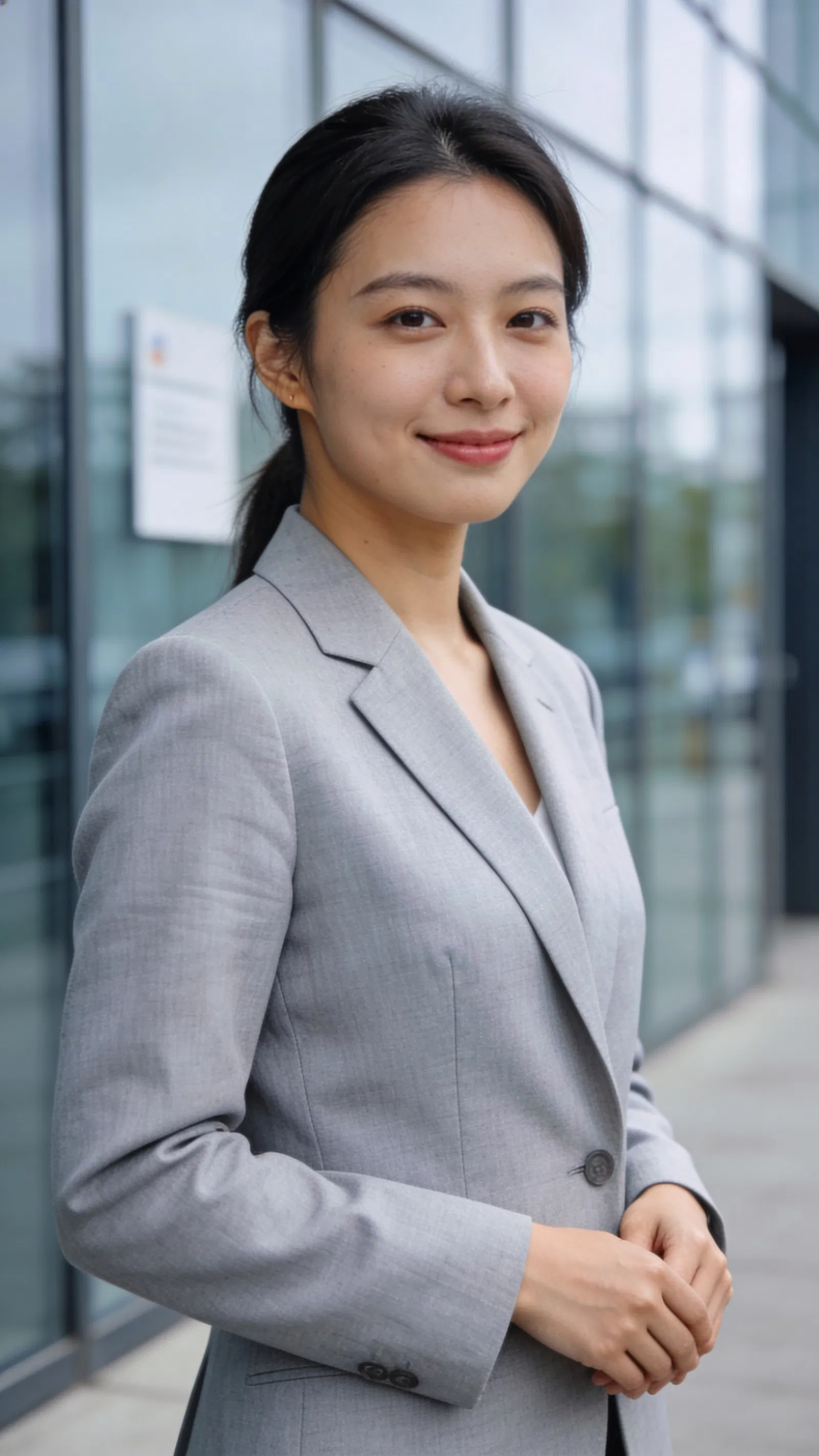 East Asian woman outdoors near glass building in professional CV portrait