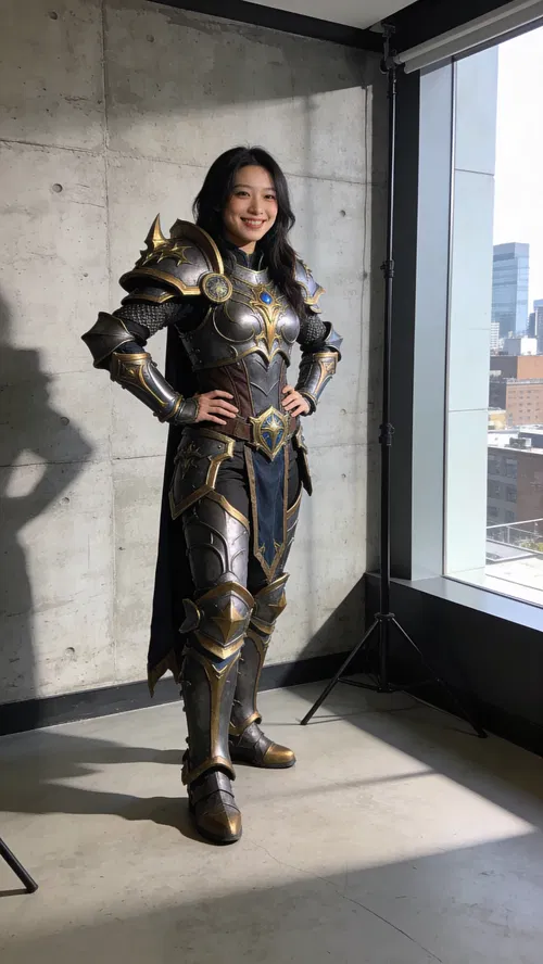 East Asian woman paladin armor cosplay, full-body modern studio portrait.