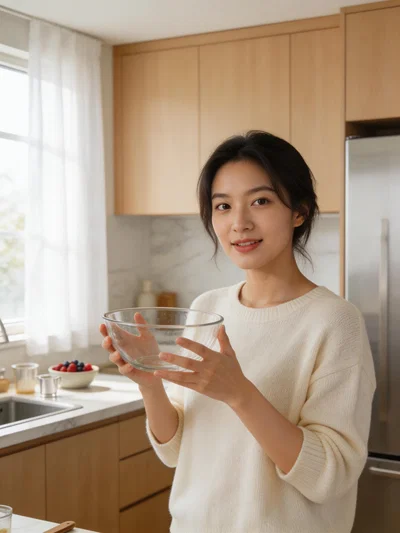 East Asian woman portrait filming quick kitchen hack content in natural light