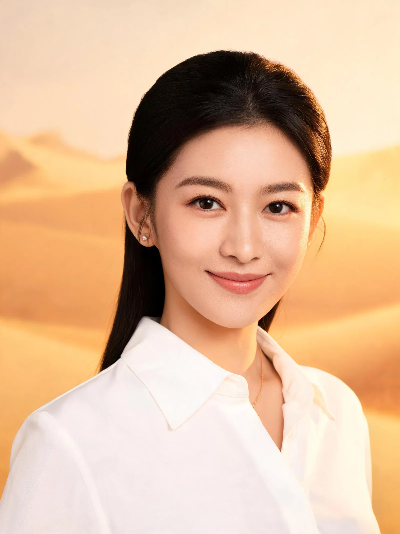 East Asian woman professional headshot with warm Dubai sunset-inspired studio lighting