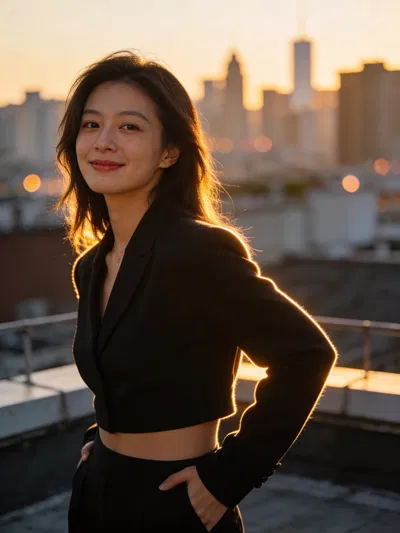 East Asian woman rooftop golden-hour portrait for Instagram photoshoot