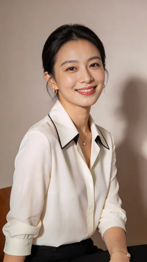 East Asian woman seated half-body studio editorial portrait