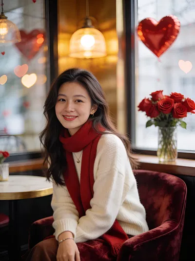 East Asian woman seated in cozy cafe with red roses and warm light.