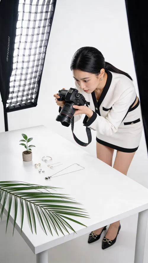East Asian woman shooting a flat lay for an Instagram carousel
