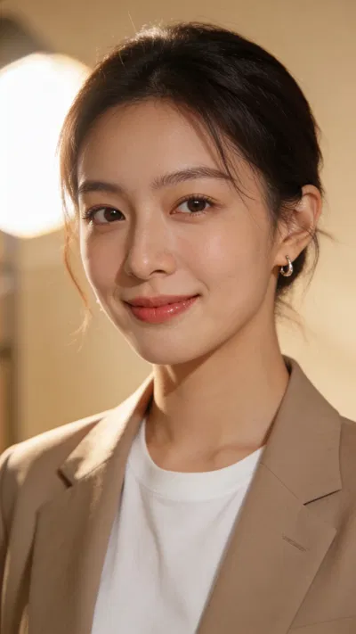 East Asian woman studio beauty headshot with cream background and diffused light