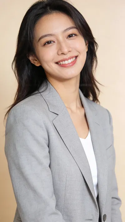 East Asian woman studio headshot, bright professional AI headshots style