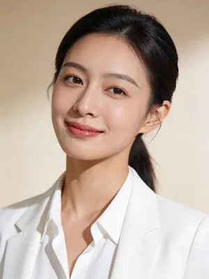 East Asian woman studio headshot, clean background professional AI headshots